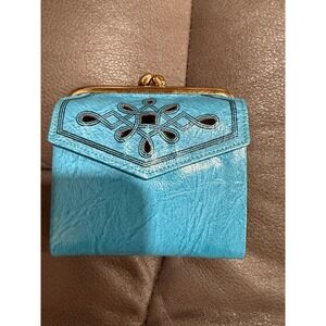 Vintage Princess Gardner Turquoise Blue Leather Trifold Kisslock Wallet MCM